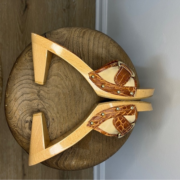 Celine Vintage Wood Block Heel Croc Mules Size 38 US 8 - Picture 5 of 6